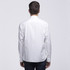 A white button-up shirt viewed from the back, featuring a collar and long sleeves. It has a logo on the back.