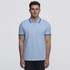 A light blue polo shirt featuring a collar with contrasting stripes and short sleeves, complete with a logo.