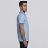 A light blue men's polo shirt featuring a collar with contrasting stripes, presented in a side view.