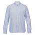 A button-up shirt in blue and white check pattern with long sleeves and a collar. Features a logo.