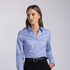 A light blue women's button-up shirt with a collar and long sleeves, featuring a logo.