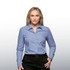 A women's button-up shirt in light blue with a collar and long sleeves, featuring a branding logo.