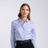 A women's button-up shirt featuring a blue and white check pattern, with a collar and button front. It has a logo.