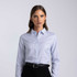 A women's button-up shirt in blue and white check pattern, featuring a collar and long sleeves. It has a logo.