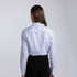 A women's button-up check shirt in light blue with long sleeves and a fitted style, featuring a logo.