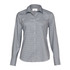 A grey button-up shirt for women with a collar and long sleeves, featuring a logo.