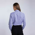 A women's button-up shirt in purple check pattern, featuring a back view and a collared neck. It has a logo.