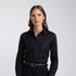 A button-up shirt for women in black, featuring a collar and long sleeves, with a logo present.