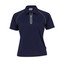 A women's navy polo shirt featuring a zippered collar and contrast stitching. The shirt includes a logo.