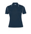A women's navy polo shirt featuring white piping and a logo on the chest.