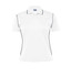 A women's polo shirt in white with navy blue detailing and a logo on the chest.