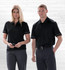 A black women's polo shirt with contrasting trim, featuring a collar and short sleeves, displayed alongside a matching men's polo.