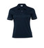 A women's polo shirt in navy blue with contrasting trim and a logo on the side.