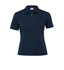 A navy blue women's polo shirt with a zip collar and short sleeves, featuring a branding logo.