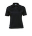 A black women's polo shirt with a zip collar and short sleeves, featuring a logo on the side.