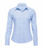 A light blue women's button-up shirt with a fitted design and long sleeves, featuring a logo on the chest.