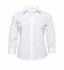 A white women's button-up shirt with long sleeves, featuring a collar and a logo.