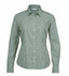 A women's button-up shirt in a green check pattern with a classic collar and long sleeves.