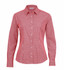 A red and white check patterned button-up shirt for women, featuring long sleeves and a collar.