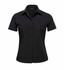 A black short sleeve button-up shirt for women featuring a collar and front buttons. It has a logo on the label.