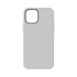 A light grey iPhone case with a minimalist design and a black camera cutout. It features a brand logo.