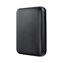 A black power bank with a textured surface, featuring a logo and four indicator lights on top.