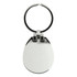 A silver keychain with a smooth, oval shape and a circular attachment ring. It features a logo.
