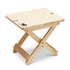 A bamboo folding table with a natural finish and a logo, featuring a simple design and cross-legged support.