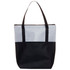 A tote bag featuring a grey crosshatch design on the top and a black bottom, with shoulder straps and a zip closure.