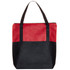 A tote bag featuring a red crosshatch design on top and a black bottom, with sturdy black handles and a zipper.