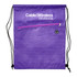 A purple drawstring bag featuring a textured design and a zippered front pocket, with a logo on the top.