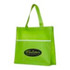 A green shopping tote bag featuring a front pocket and a logo. The bag has sturdy handles for carrying.