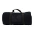 A rolled-up black blanket secured with a strap, featuring a clear pocket, showcasing a simple and practical design.