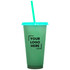 A drink bottle featuring a translucent green body and a turquoise lid with a straw, including a logo.