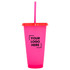 A drink bottle in vibrant pink with a contrasting red lid and straw, featuring a logo design.