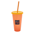 A drink bottle in orange plastic with a yellow lid and straw, featuring a logo. Ideal for beverages.