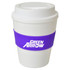 A drink bottle with a white body, purple sleeve, and a logo. Ideal for beverages on the go.