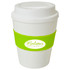 A drink cup with a white body, green silicone band, and a lid, featuring a logo.
