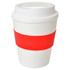 A large white cup with a red silicone sleeve and a matching lid, featuring a logo.