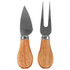 Two stainless steel cheese knives with wooden handles, featuring a spade-shaped knife and a fork.