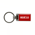 A red keychain with a metal ring, featuring a logo on a rectangular body.