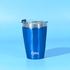 A drink tumbler with a sleek blue finish and silver rim, featuring a lid and a logo.