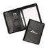 A black zippered compendium with a calculator, notepad, and multiple cardholders inside.