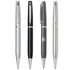 Four assorted pens in silver, black, dark grey, and light grey, featuring a logo on one of them.