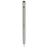 A metal pen in silver with a sleek design, featuring a black tip and a branding logo at the base.