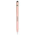 A metal pen in a rose gold finish with a logo. Features a smooth writing tip and a textured grip.