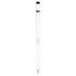A white metal pen with a black tip and a logo on the body.