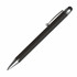 A stylus pen with a sleek black body and silver tip, featuring a clip and a logo on the side.
