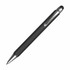 A stylus pen in black with a metallic tip and clip, featuring a logo.