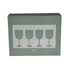 A set of four ribbed wine glasses in a green box, featuring a simple logo design.